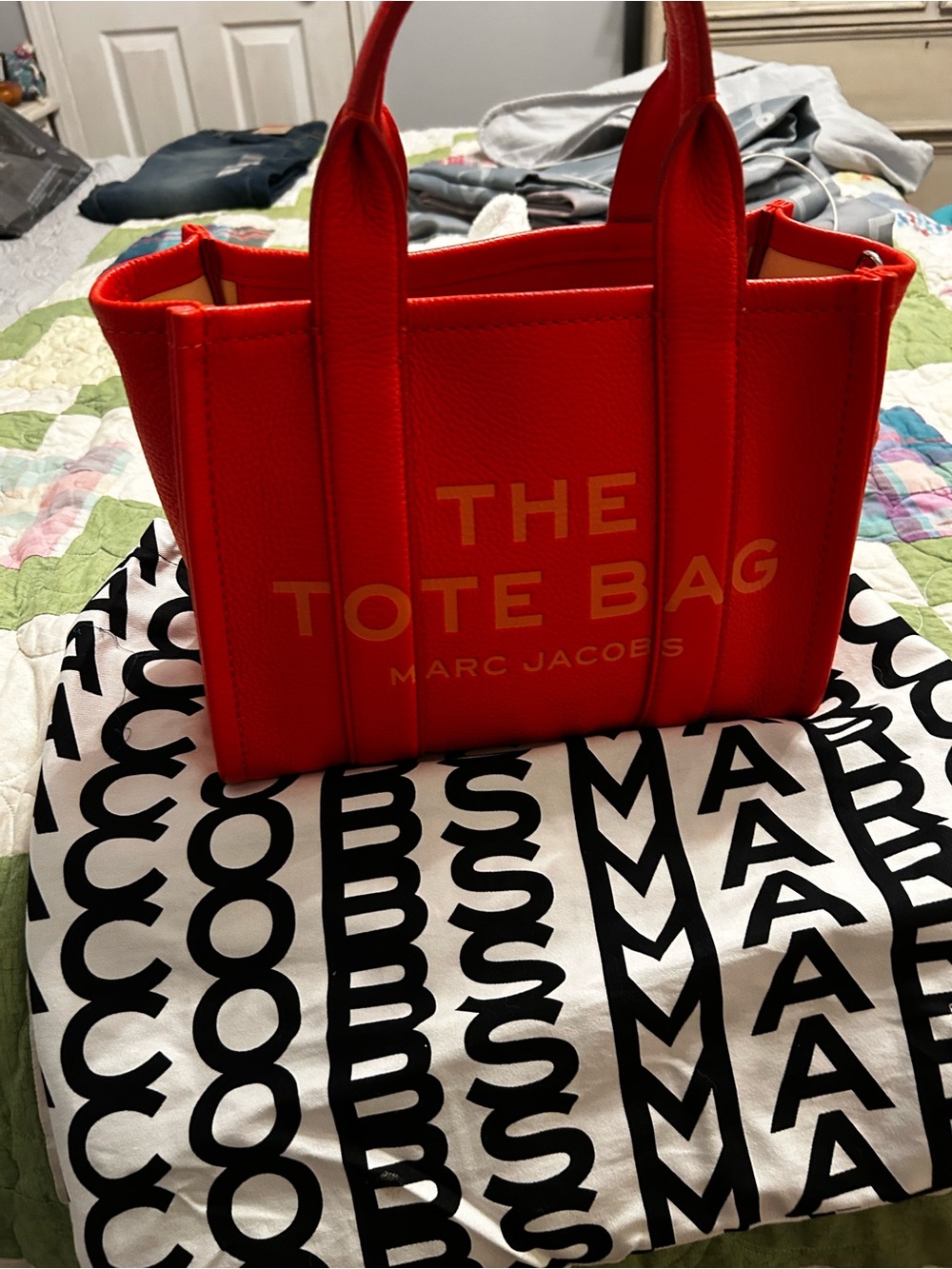 Marc Jacobs Bright Orange 'The Tote Bag' Small Leather Tote with Logo